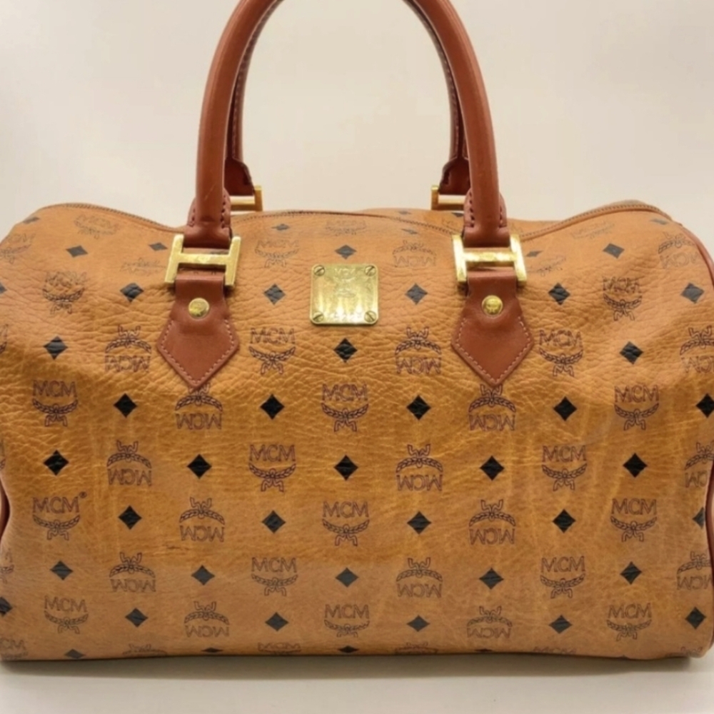 MCM Cognac Monogram Satchel with Brown Leather Trim and Gold Hardware